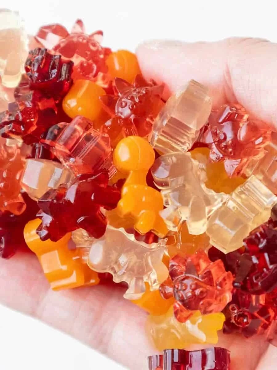 Colorful homemade dinosaur-shaped fruit juice gummies held in a hand