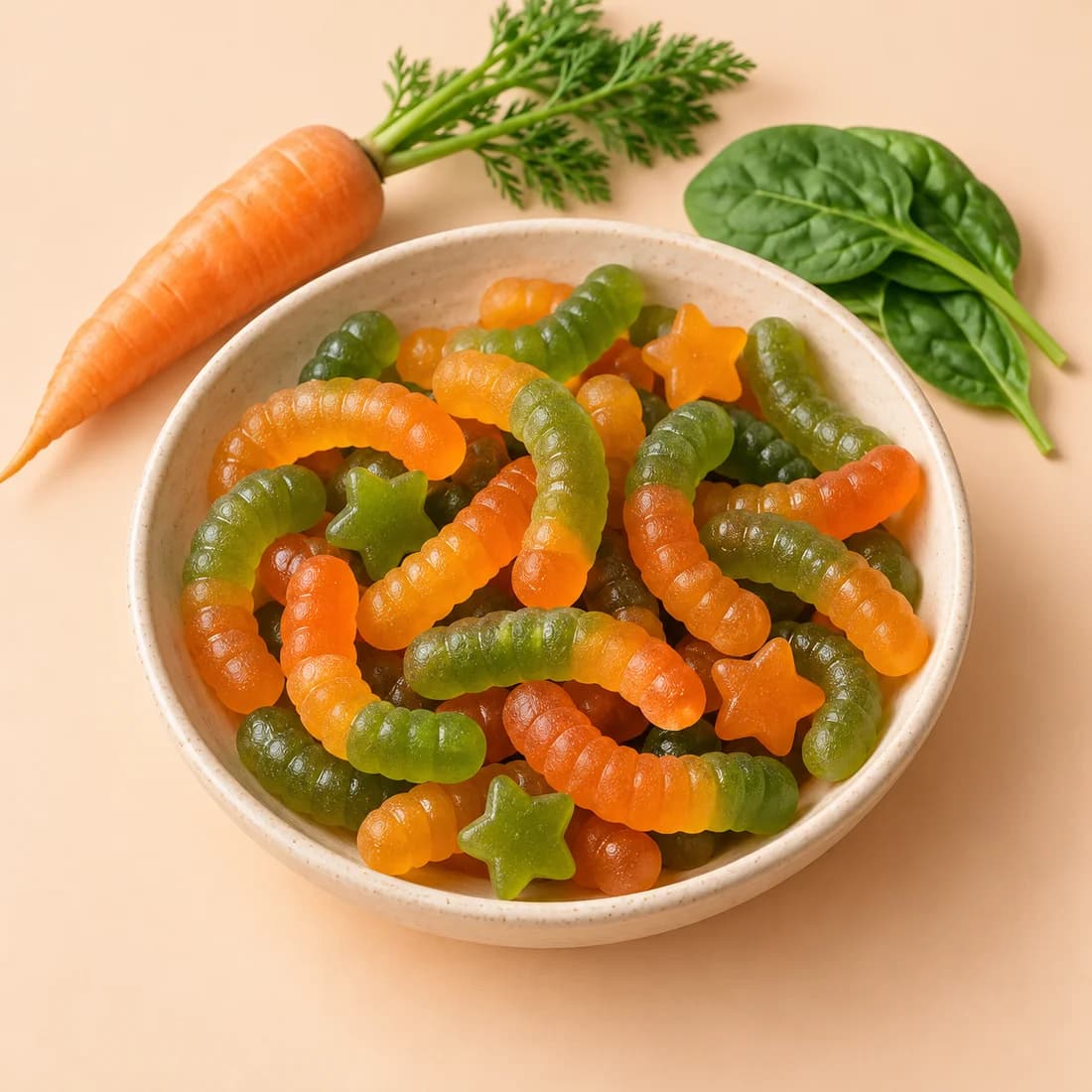 Illustration of orange and green homemade gummy worms in a cream bowl